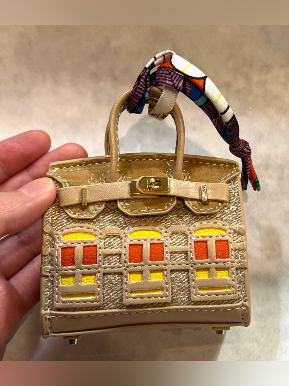 Mini Bag Charm Gold Textured Building Design Cute